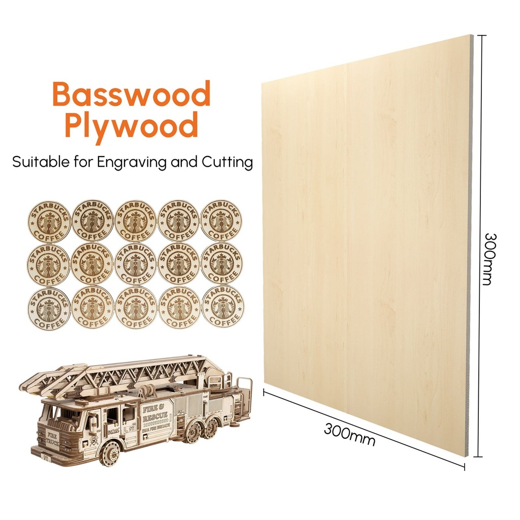 AlgoLaser Basswood Plywood 300 × 300 × 3 mm (10 pcs)